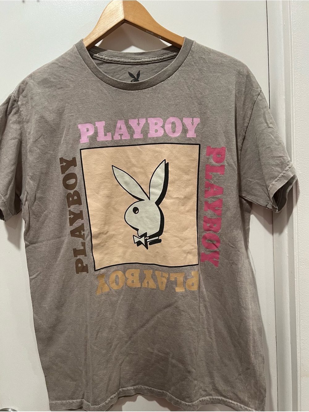PLAYBOY Gray Tee with Pastel Bunny Graphic